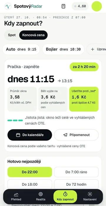 Kdy zapnout: pračka dnes 11:15 až 13:15, průměr okna, cena běhu a úspora proti špičce